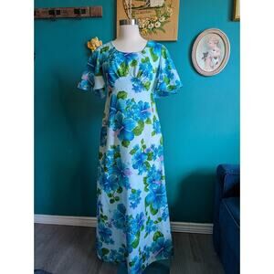 Vintage Hawaiian floral dress maxi dress flutter sleeve size medium 1970s